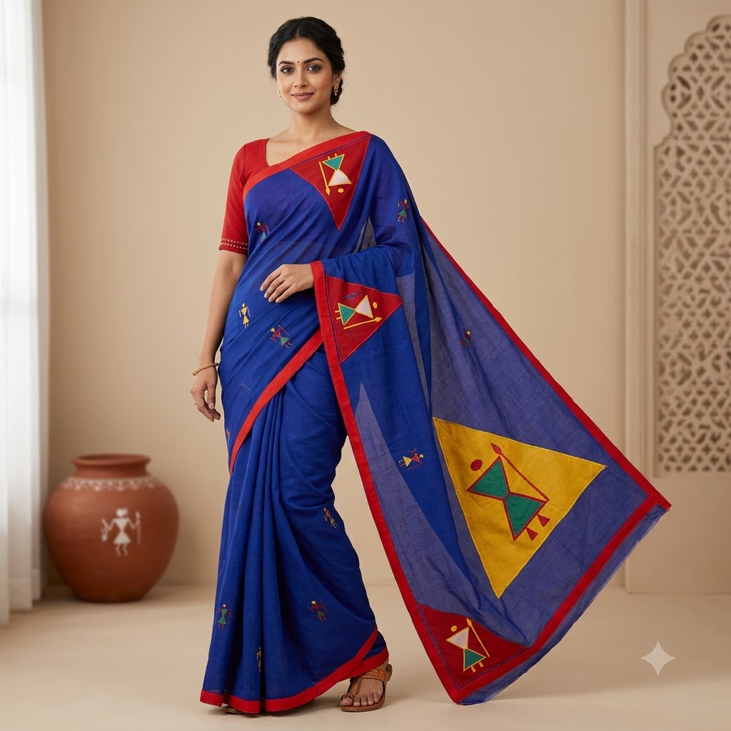 Royal Blue Handcrafted Appliqué Saree with Red Border & Matching Red Blouse Piece