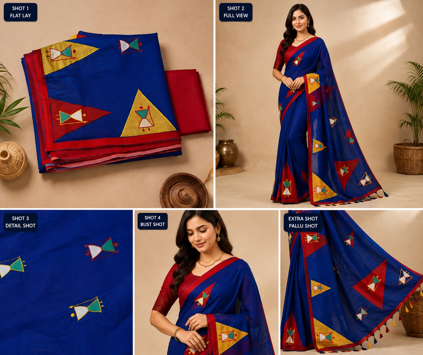 Royal Blue Handcrafted Appliqué Saree with Red Border & Matching Red Blouse Piece