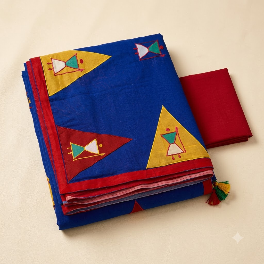 Royal Blue Handcrafted Appliqué Saree with Red Border & Matching Red Blouse Piece