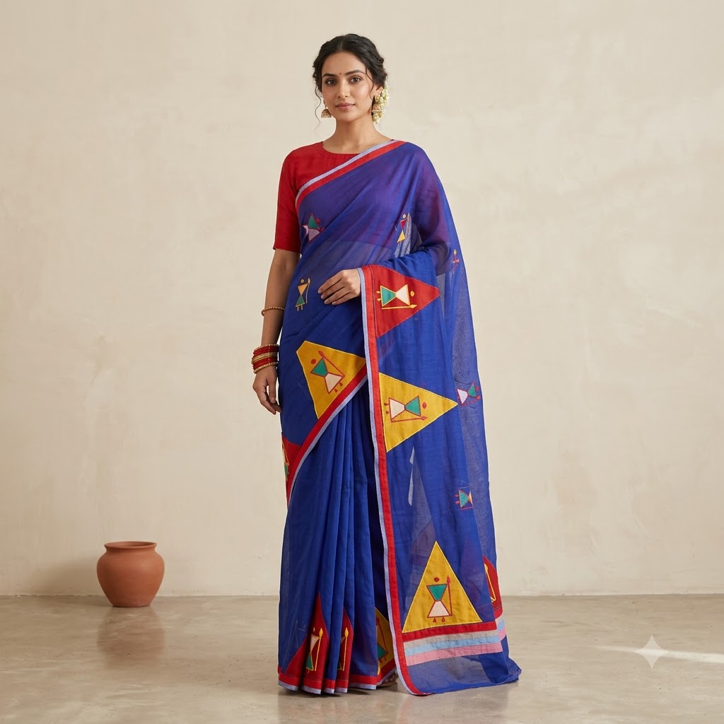 Royal Blue Handcrafted Appliqué Saree with Red Border & Matching Red Blouse Piece