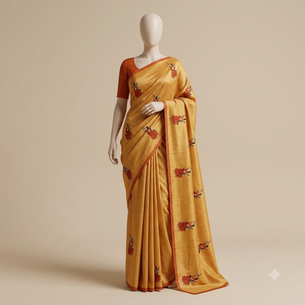 Mustard Yellow Handcrafted Saree with Traditional Folk Dancer Motifs & Contrast Border