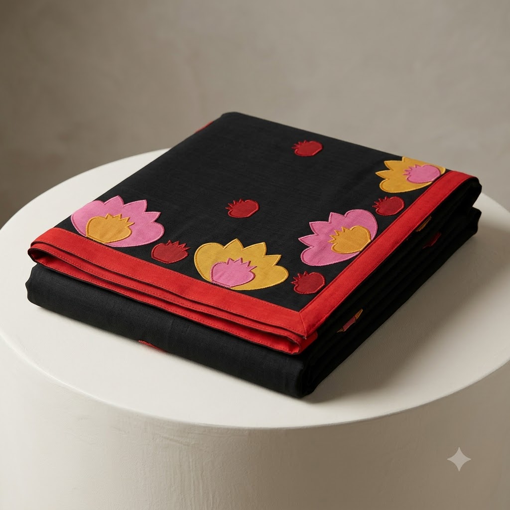 Black Handcrafted Lotus Appliqué Saree with Vibrant Multicolor Floral Border