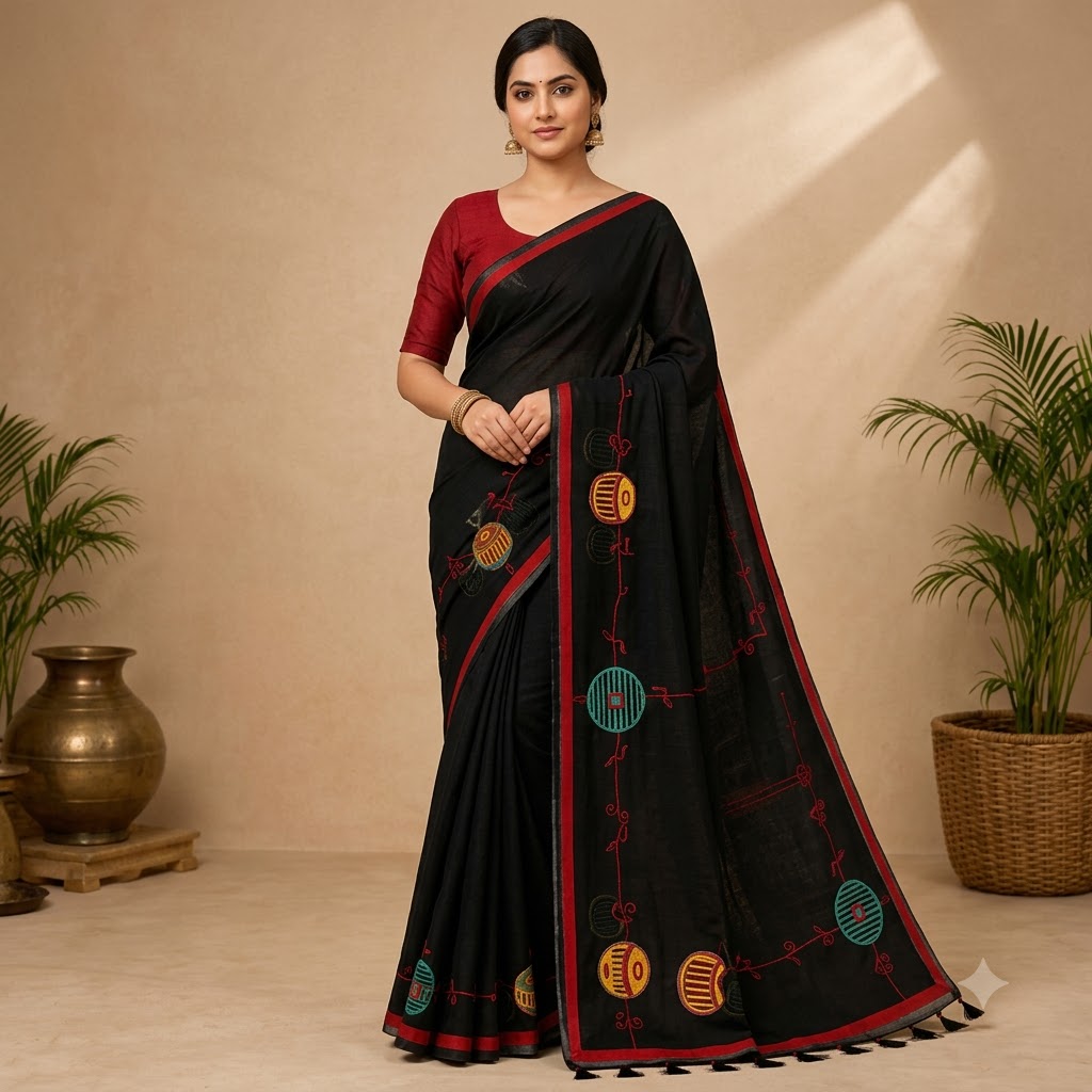 Elegant Black Handcrafted Saree with Musical Motifs & Red Blouse Piece