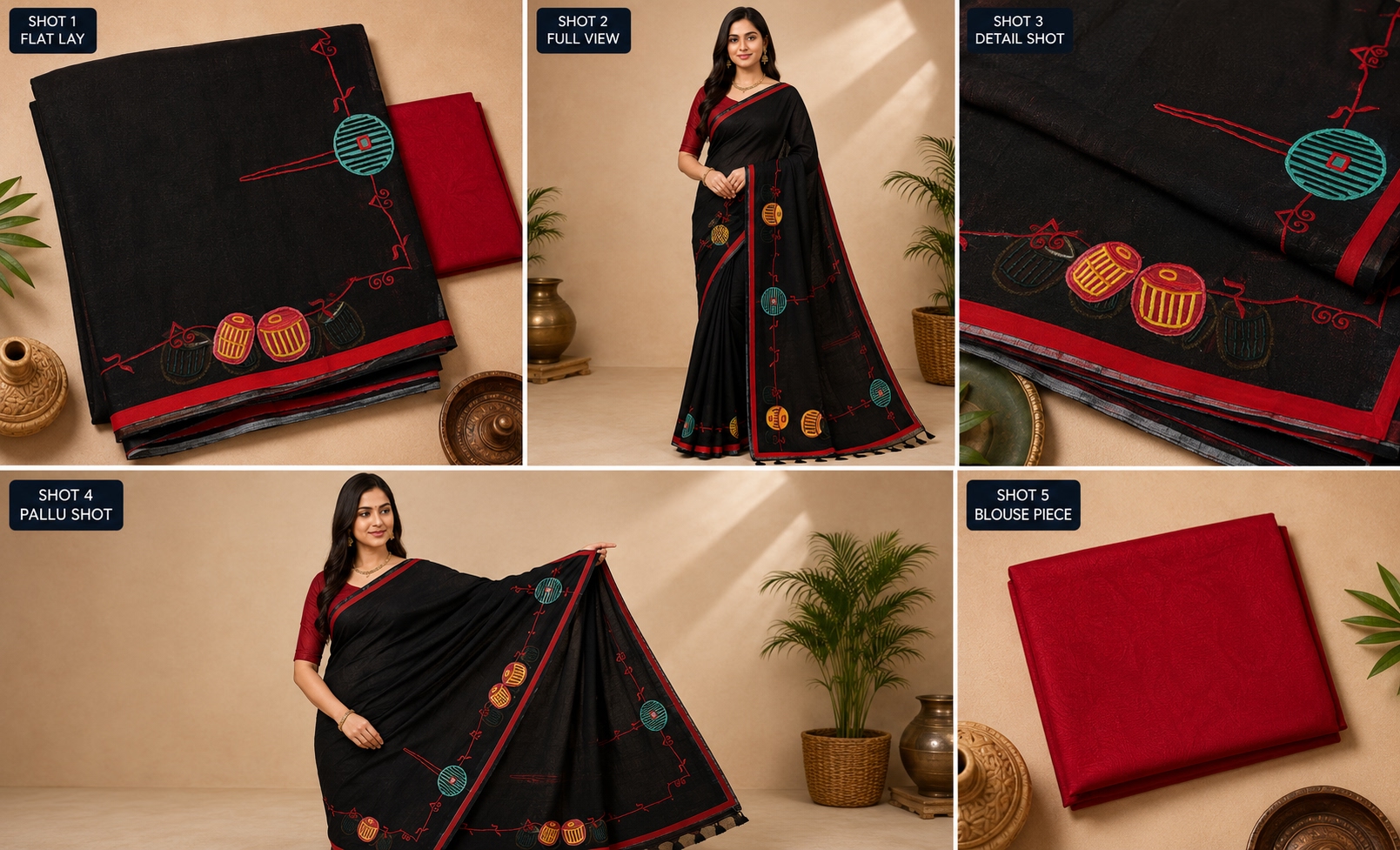 Elegant Black Handcrafted Saree with Musical Motifs & Red Blouse Piece