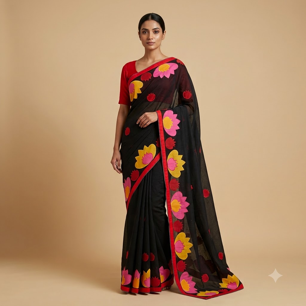 Black Handcrafted Lotus Appliqué Saree with Vibrant Multicolor Floral Border