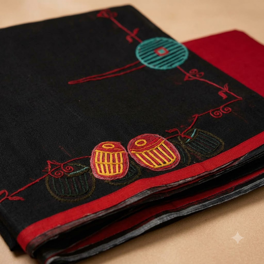 Elegant Black Handcrafted Saree with Musical Motifs & Red Blouse Piece