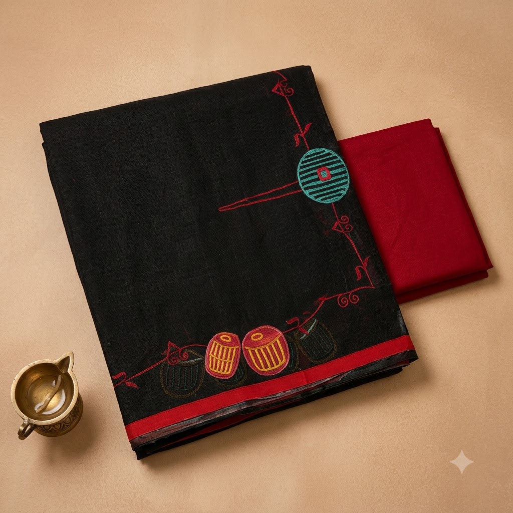 Elegant Black Handcrafted Saree with Musical Motifs & Red Blouse Piece