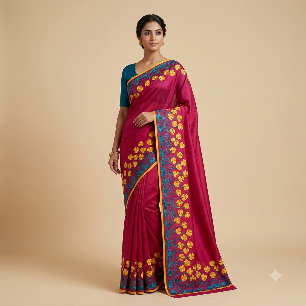 Rani Pink Handcrafted Floral Saree with Mustard Yellow & Teal Embroidery