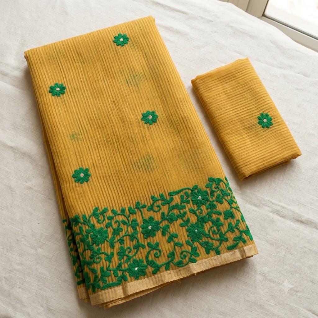Mustard Yellow Saree with Green Floral Embroidery