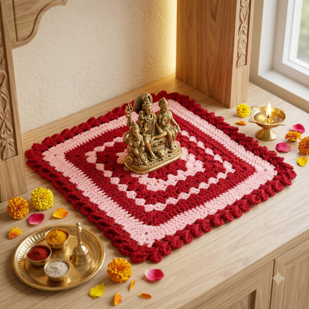 Handmade Crochet Puja Aasan / Square Mat – Red & Baby Pink
