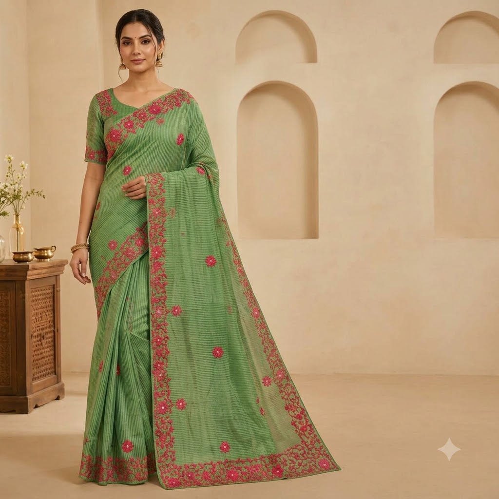Elegant Green Saree with Pink Floral Embroidery