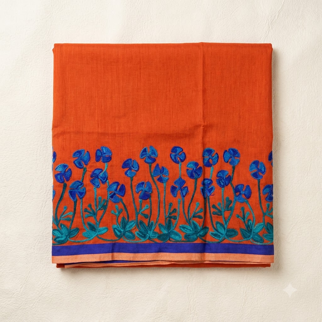 Elegant Orange Floral Embroidered Saree with Blue & Teal Botanical Border