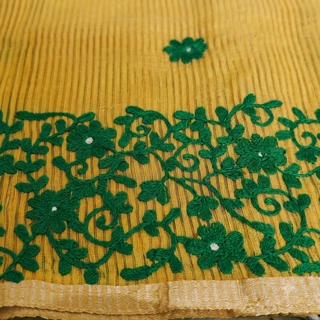 Mustard Yellow Saree with Green Floral Embroidery