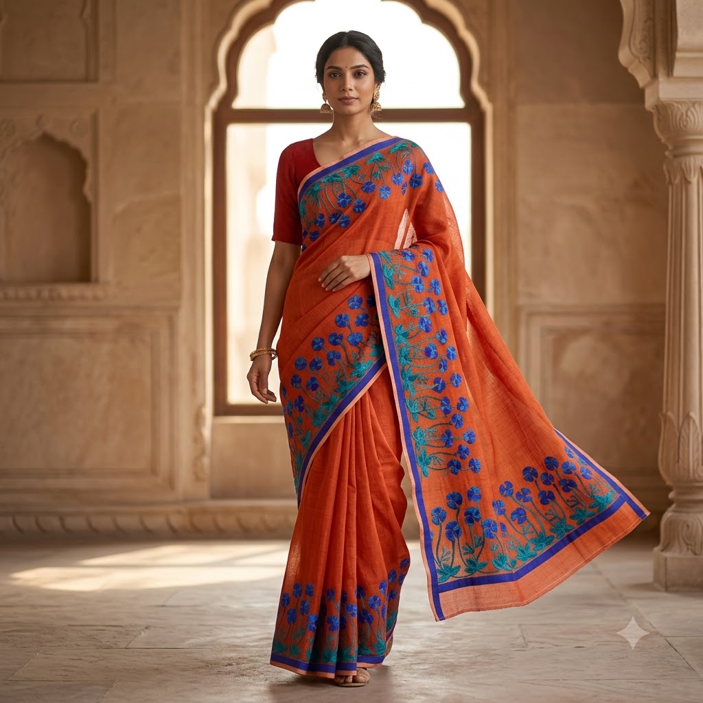 Elegant Orange Floral Embroidered Saree with Blue & Teal Botanical Border