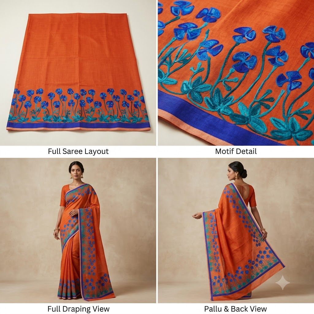 Elegant Orange Floral Embroidered Saree with Blue & Teal Botanical Border