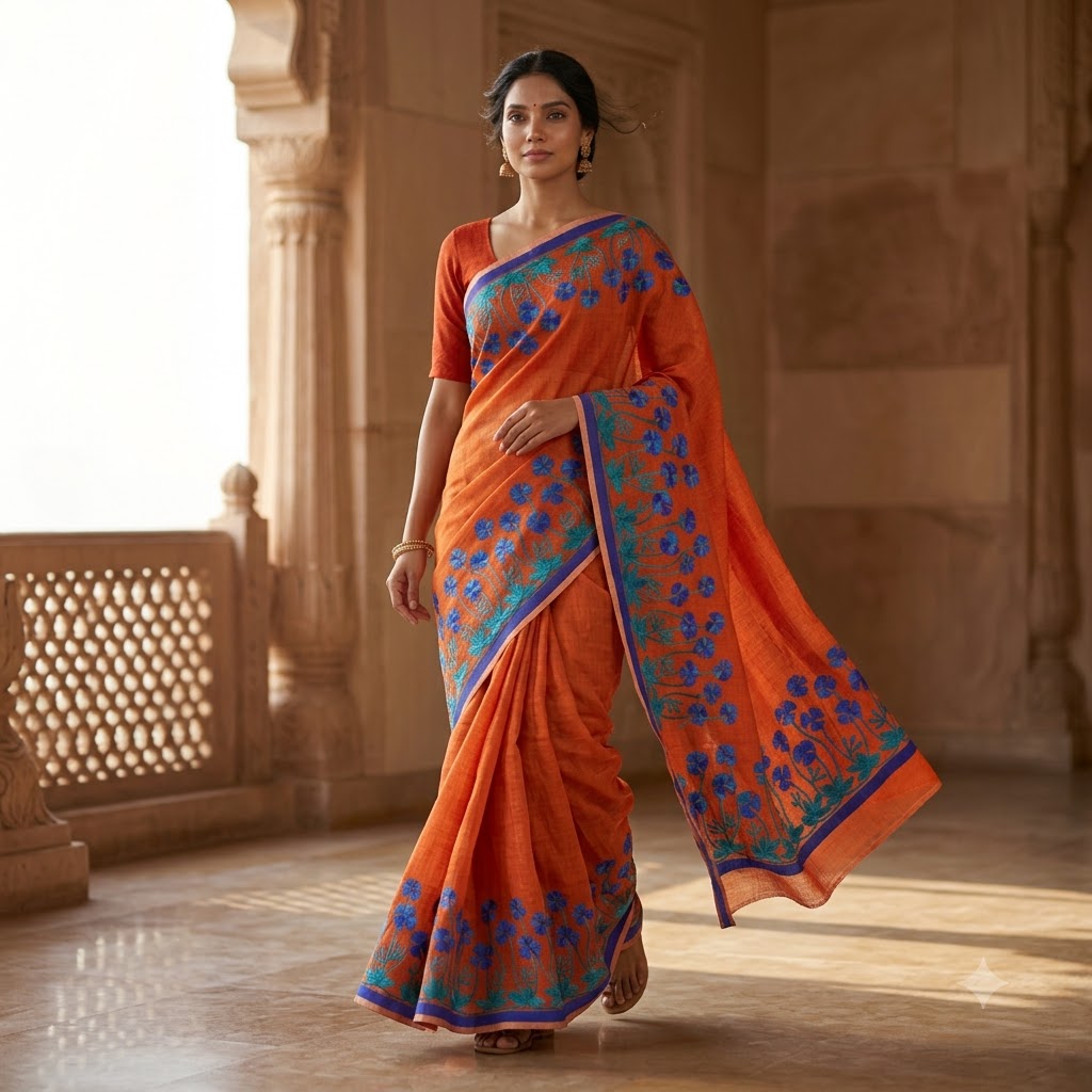 Elegant Orange Floral Embroidered Saree with Blue & Teal Botanical Border