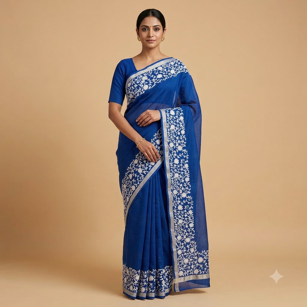 Royal Blue Saree with Elegant White Floral Embroidery