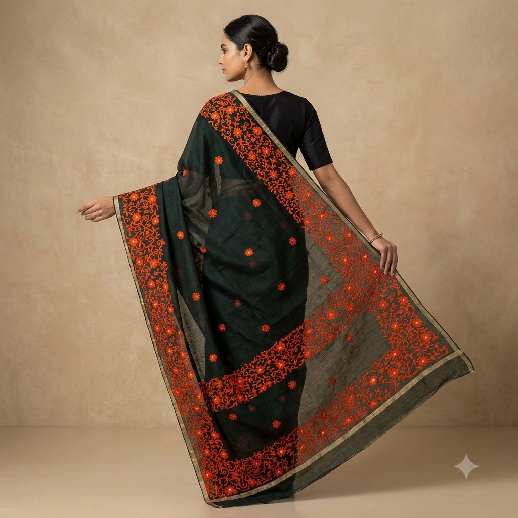 Elegant Black Saree with Vibrant Orange Floral Embroidery