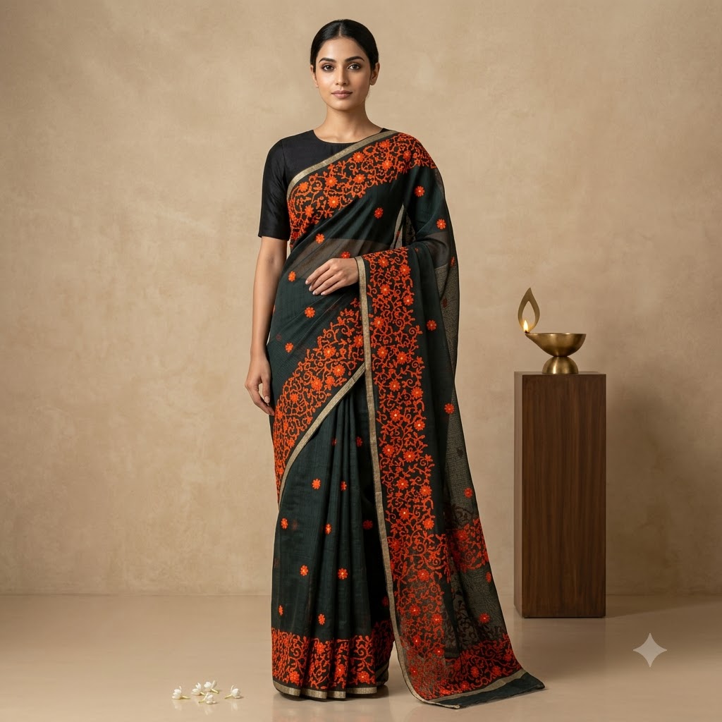 Elegant Black Saree with Vibrant Orange Floral Embroidery
