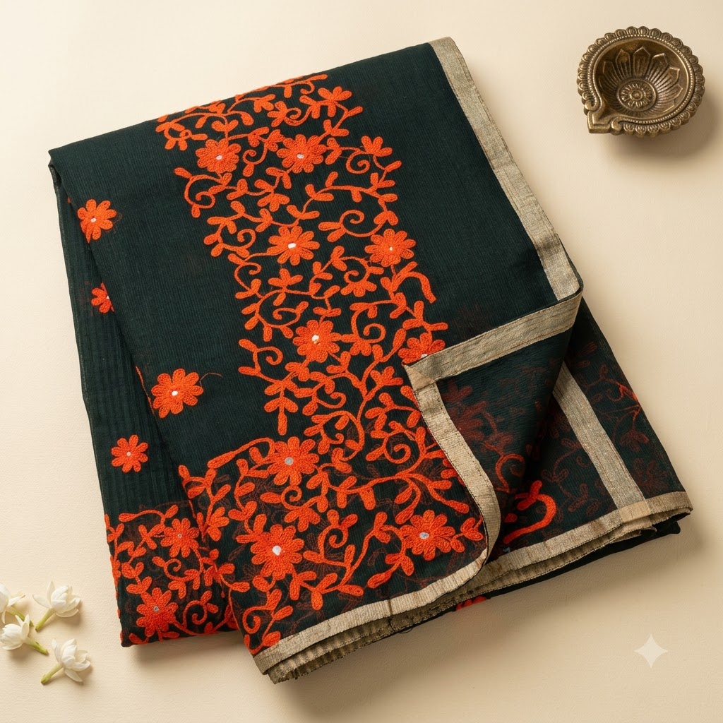 Elegant Black Saree with Vibrant Orange Floral Embroidery