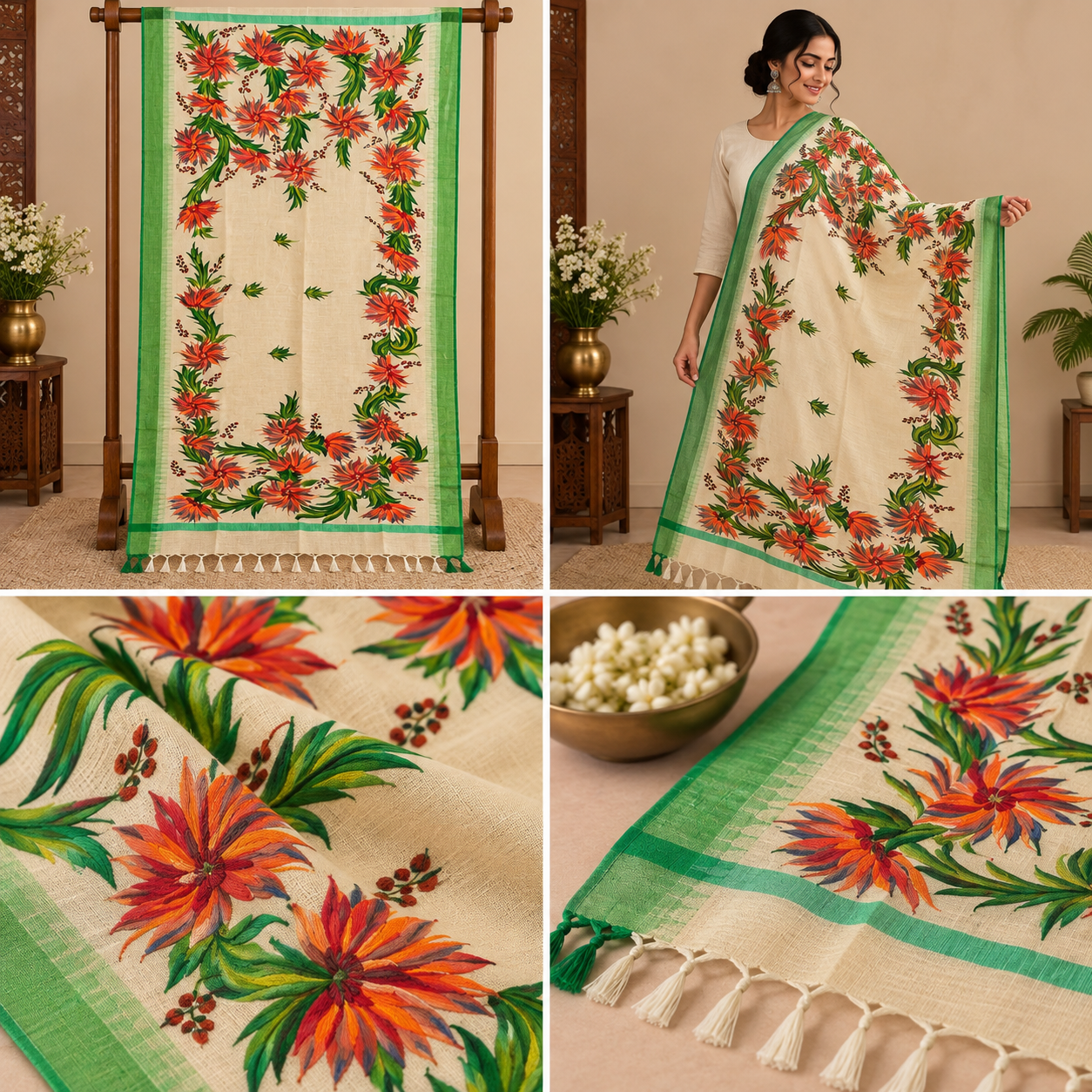 Handcrafted Cream Floral Dupatta with Green Border & Multicolour Painted