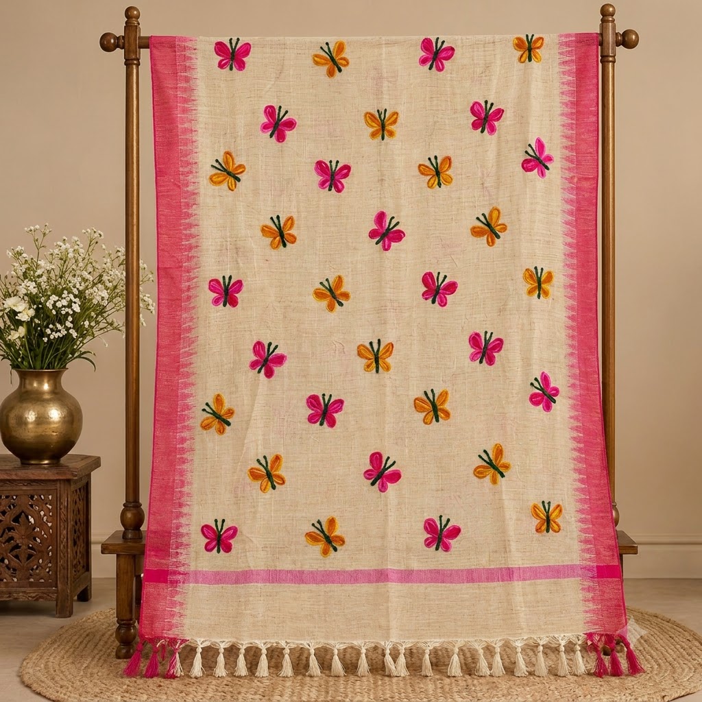 Hand-Embroidered Butterfly Dupatta – Cream with Pink Border