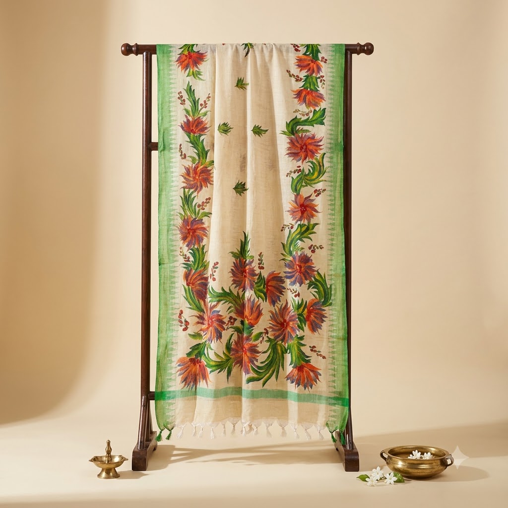 Handcrafted Cream Floral Dupatta with Green Border & Multicolour Painted