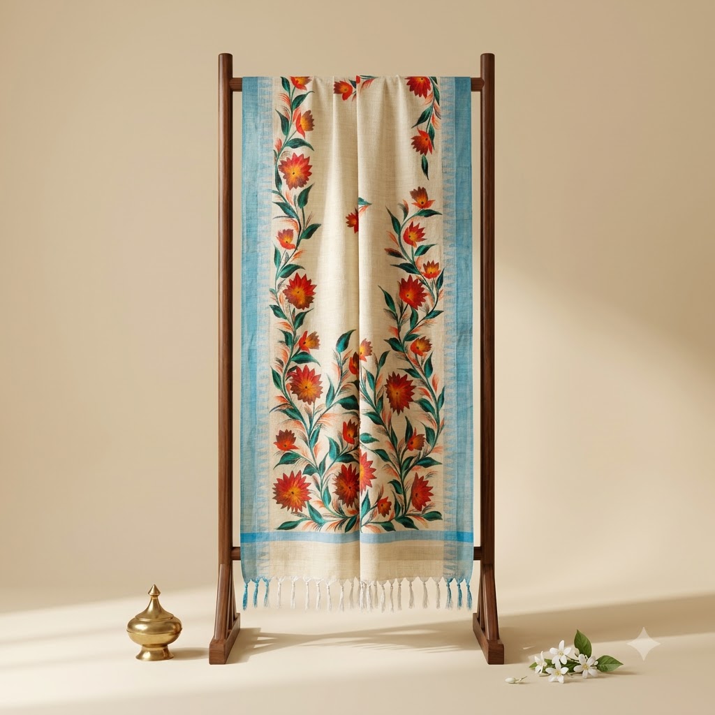 Elegant Hand-Painted Floral Dupatta – Ivory Cream with Sky Blue Border