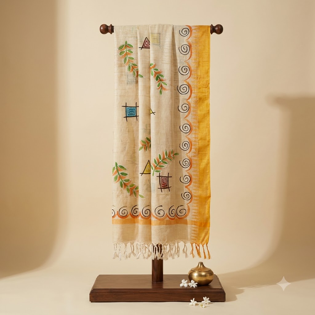 Hand-Painted Artistic Dupatta – Ivory with Mustard Border & Abstract Leaf Motifs