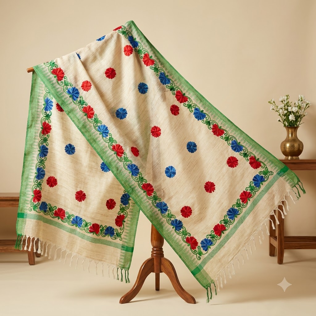 Hand-Embroidered Floral Dupatta – Ivory Cream with Green Border & Red-Blue Floral Work