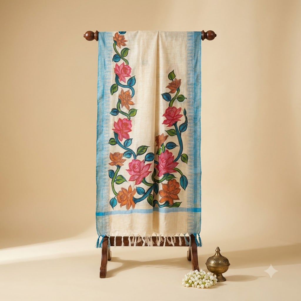 Hand-Painted Floral Dupatta – Ivory Cream with Turquoise Border & Multicolour Floral Art