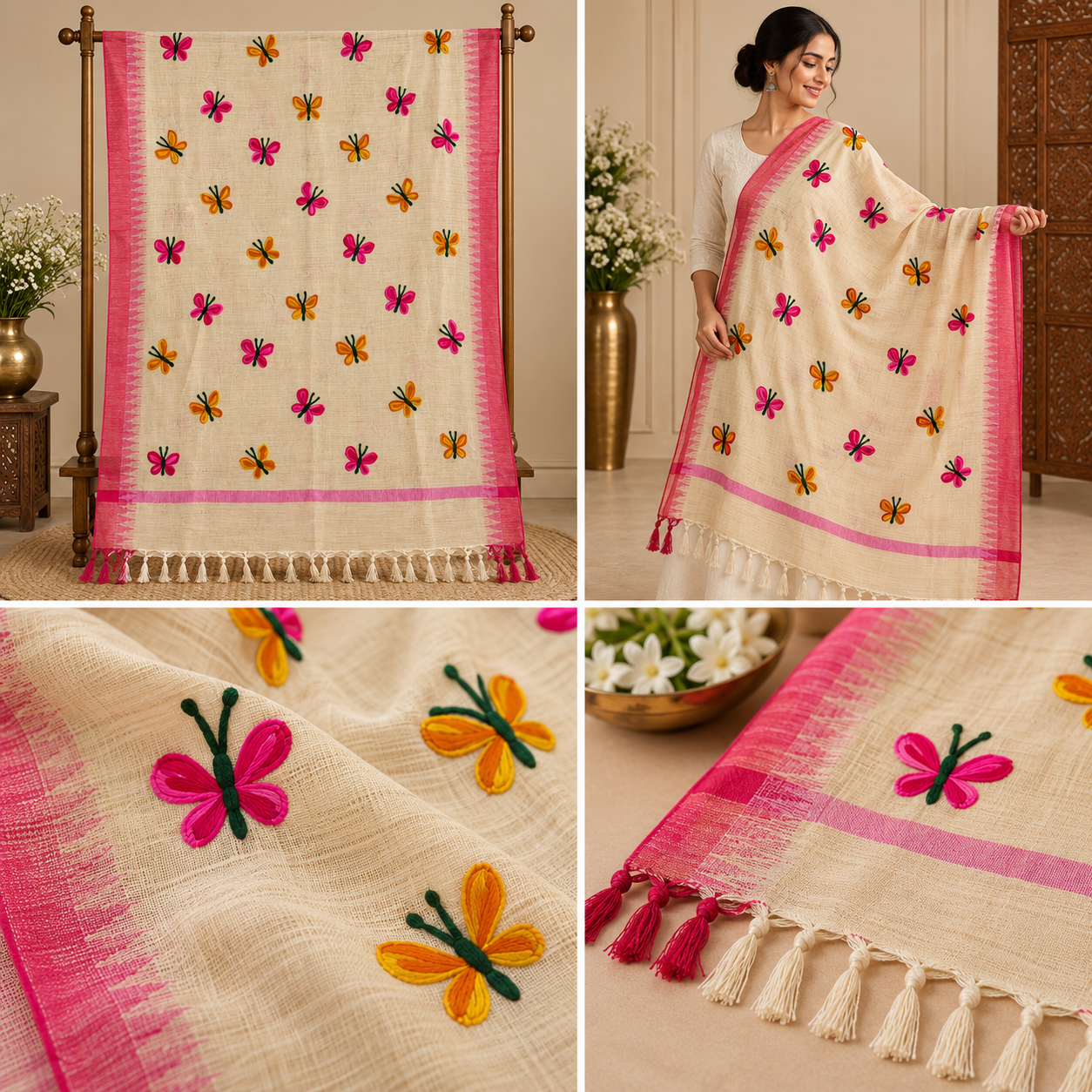 Hand-Embroidered Butterfly Dupatta – Cream with Pink Border