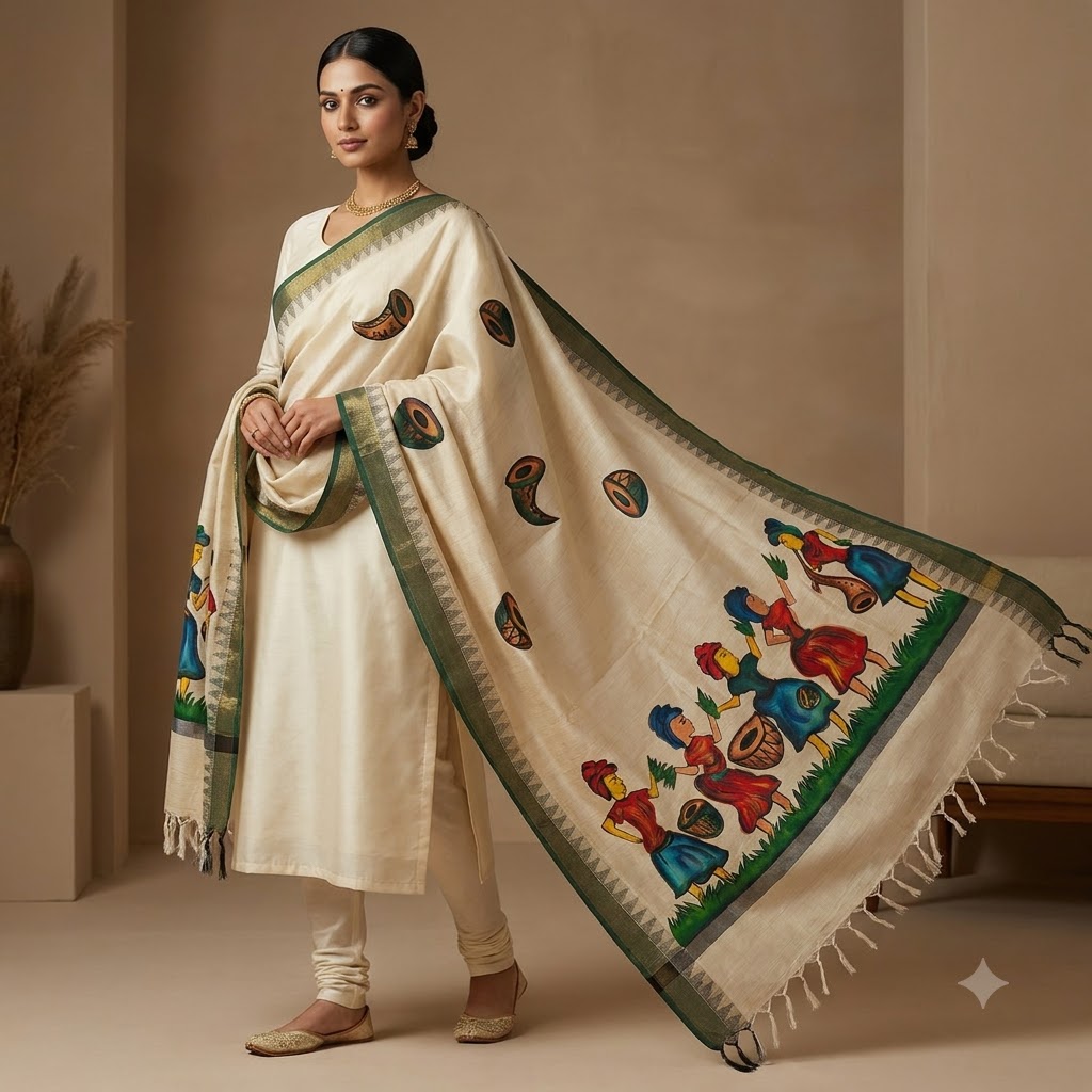 Hand-Painted Folk Art Dupatta – Ivory with Traditional Tribal Dance Motifs