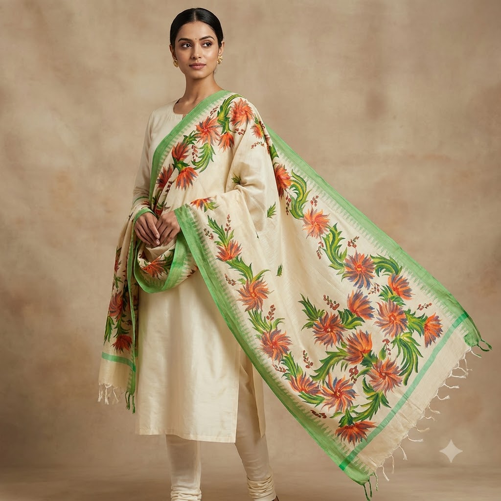 Handcrafted Cream Floral Dupatta with Green Border & Multicolour Painted
