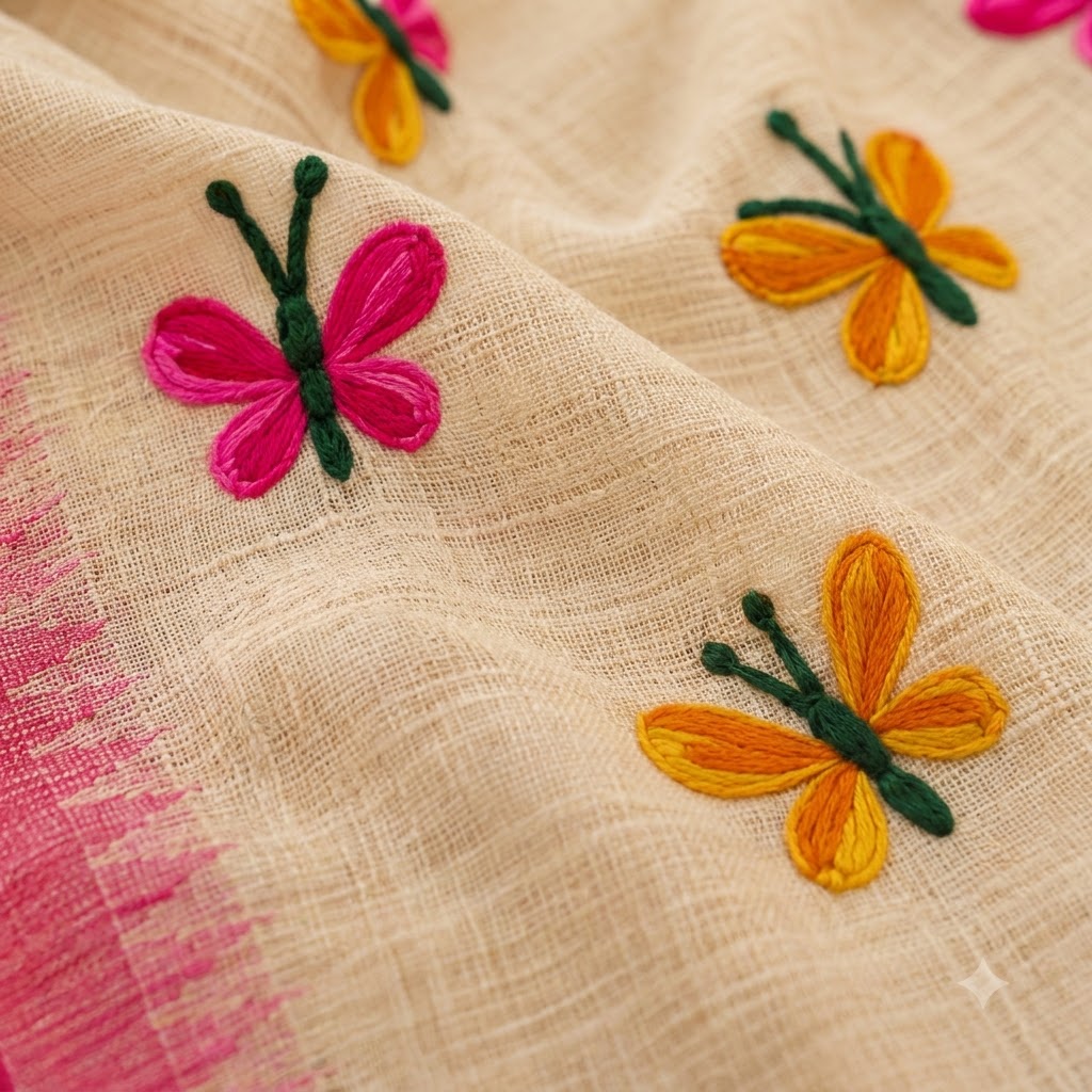 Hand-Embroidered Butterfly Dupatta – Cream with Pink Border