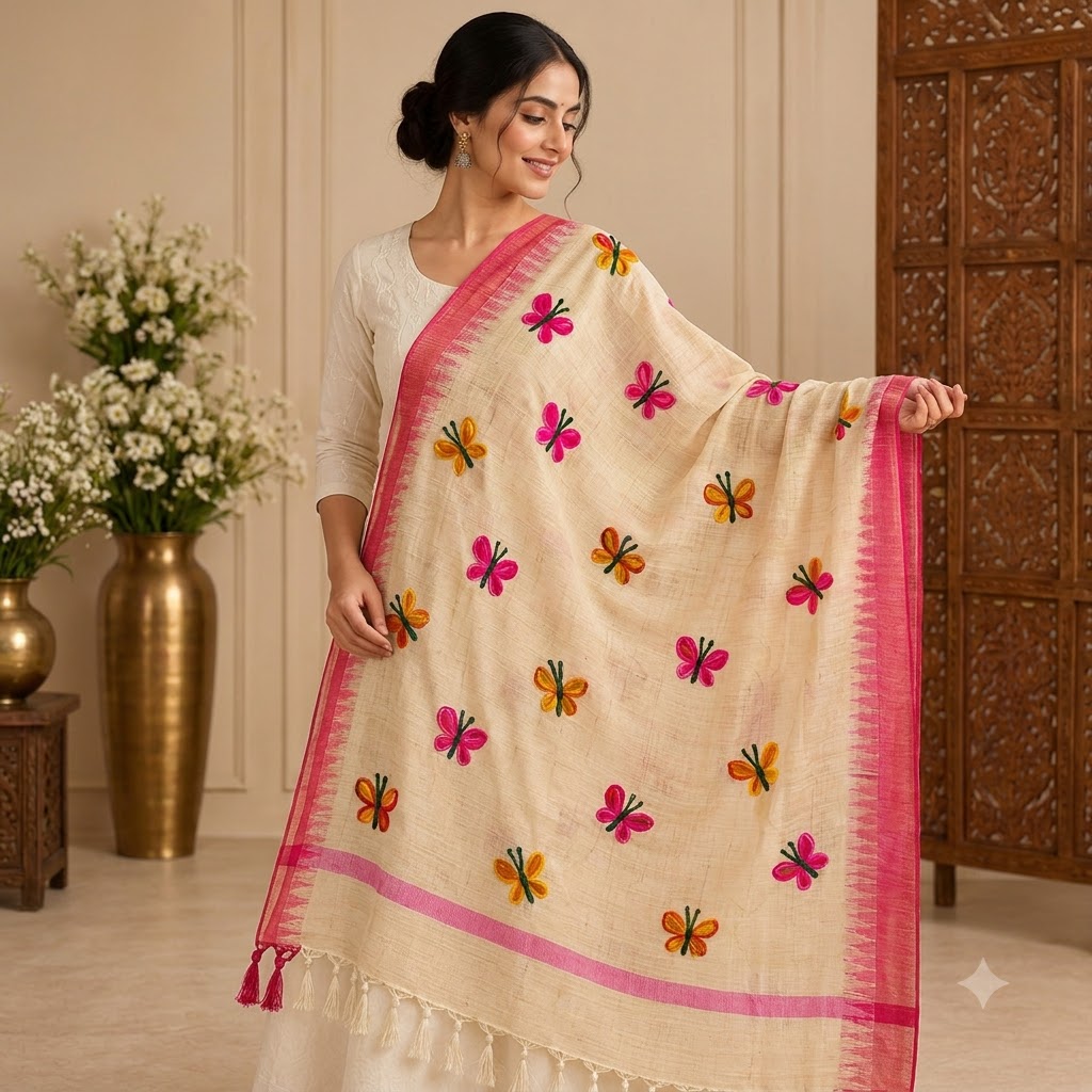 Hand-Embroidered Butterfly Dupatta – Cream with Pink Border