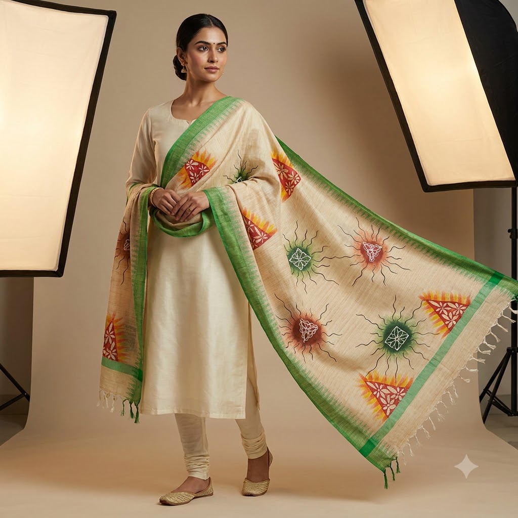 Handcrafted Artistic Dupatta – Ivory with Green Border & Traditional Geometric Motifs