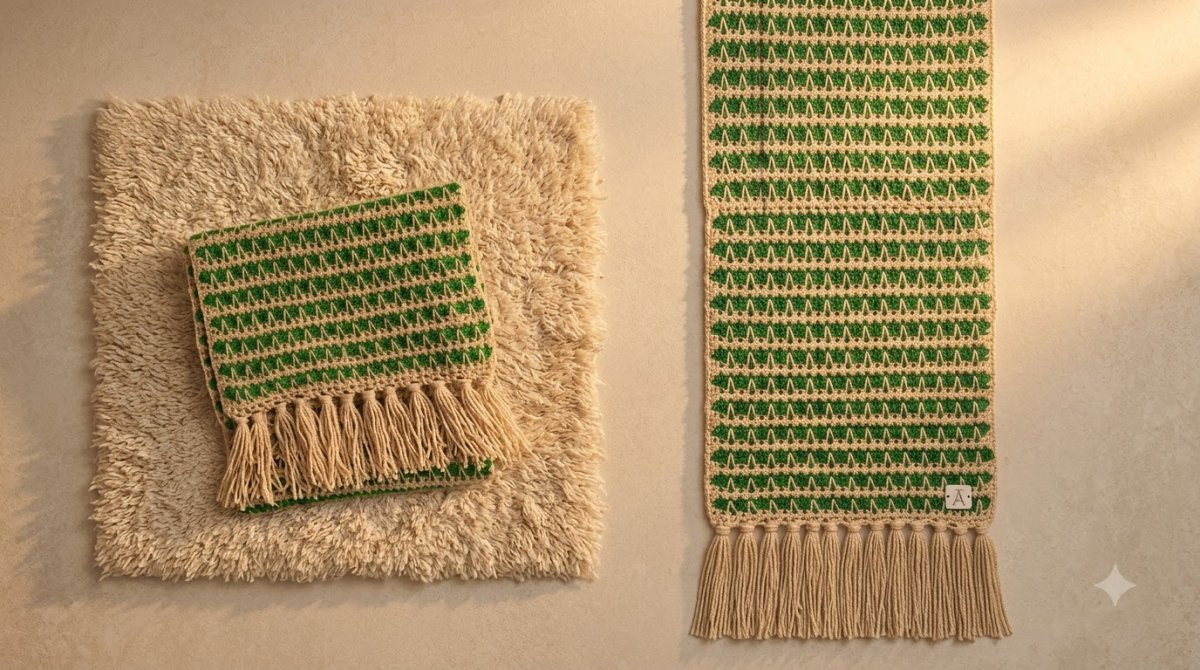 Handmade Woolen Crochet Muffler – Green & Beige