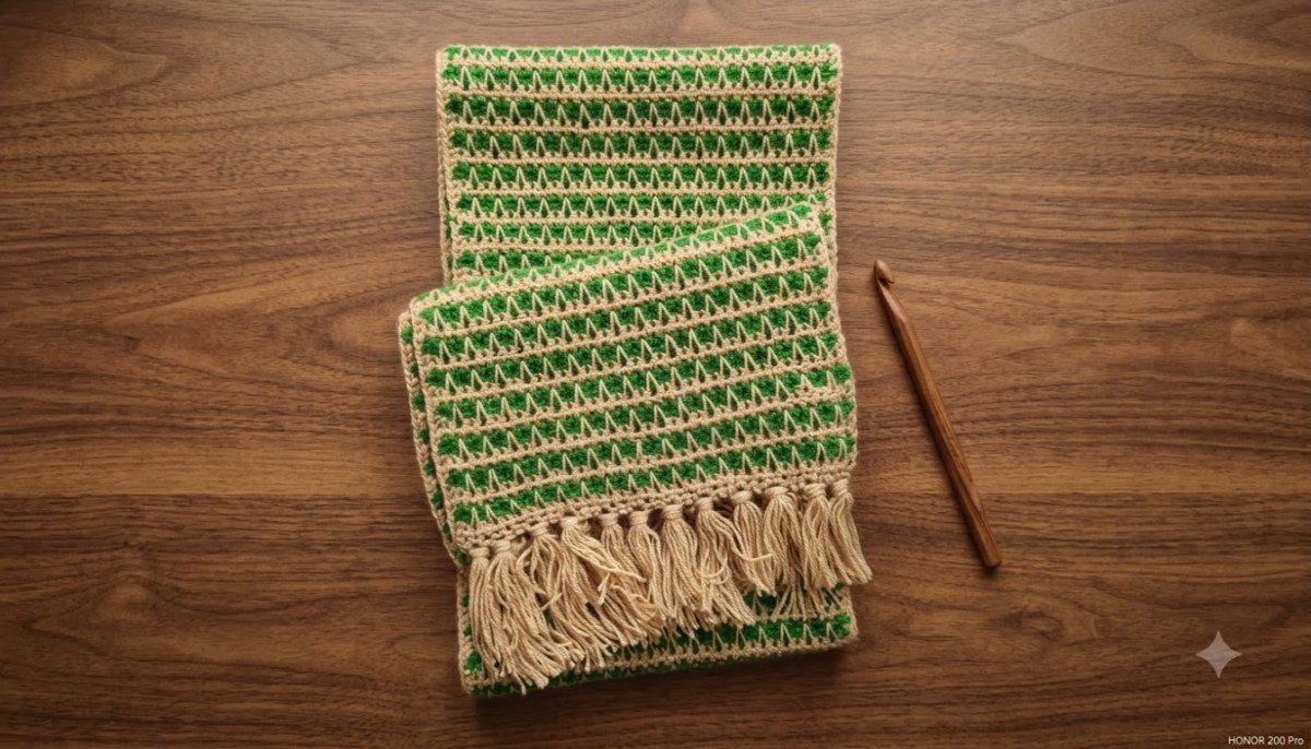 Handmade Woolen Crochet Muffler – Green & Beige