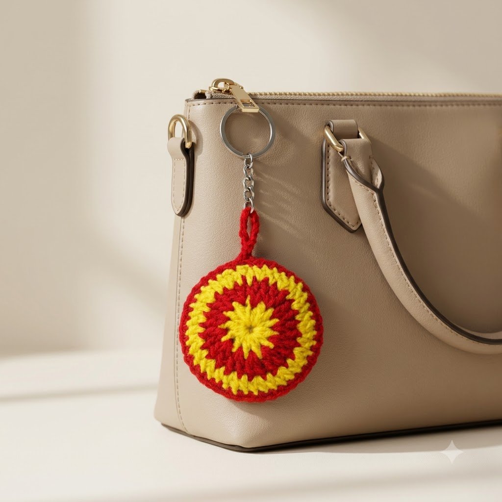 Handmade Red & Yellow Crochet Floral Keychain | Woolen Bag Charm