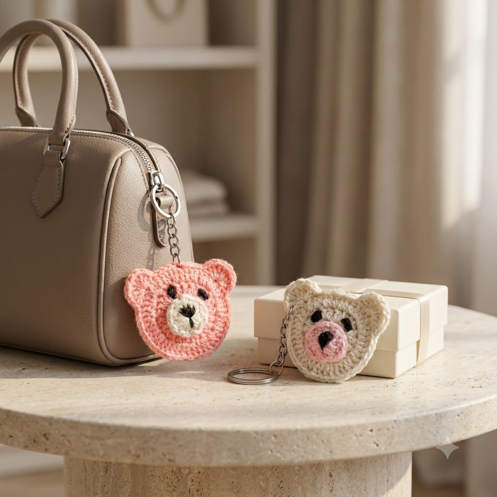 Handmade Crochet Teddy Bear Keychain Set | Cute Woolen Bag Charms – Pink & Cream