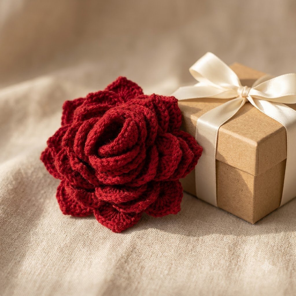 Handmade Crochet Red Rose | 3D Woolen Flower for Home Décor & Gifting