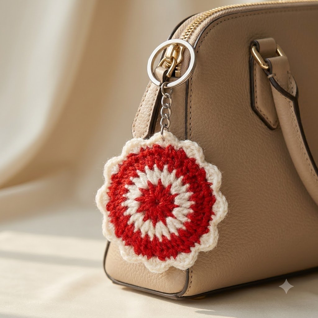 Handmade Red & White Crochet Floral Keychain | Woolen Bag Charm