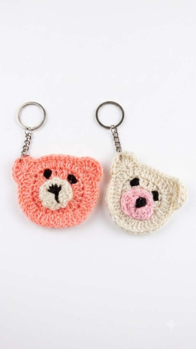Handmade Crochet Teddy Bear Keychain Set | Cute Woolen Bag Charms – Pink & Cream