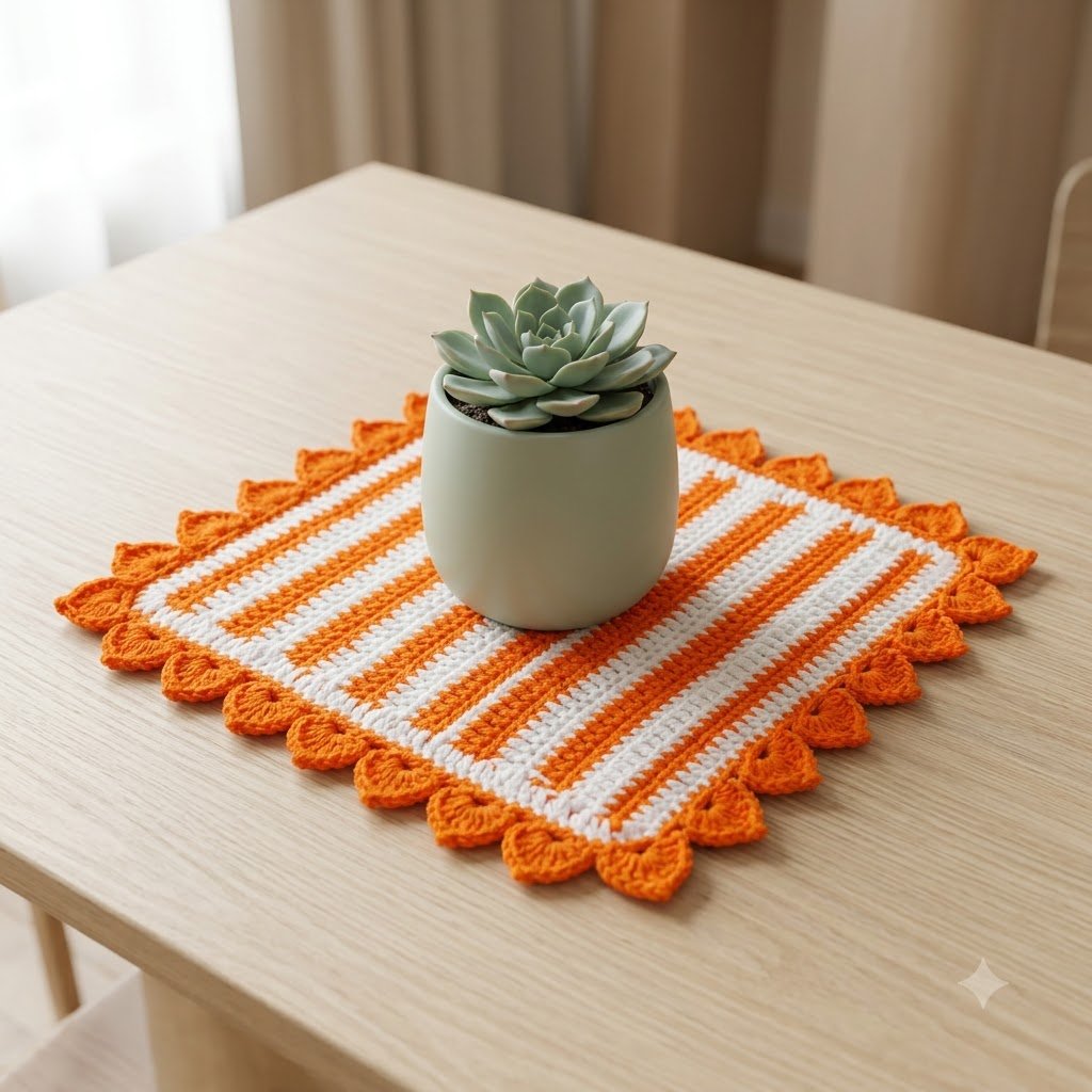 Handmade Orange & White Crochet Table Mat | Decorative Multipurpose Square Mat /Puja Aasan